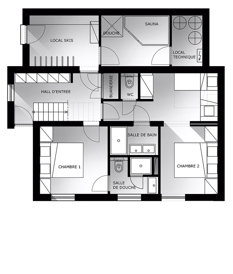 Plan rez-de-chaussée
&nbsp;&nbsp;1 chambre double, 1 chambre familiale (5 lits), ski-room et espace bien-être avec sauna