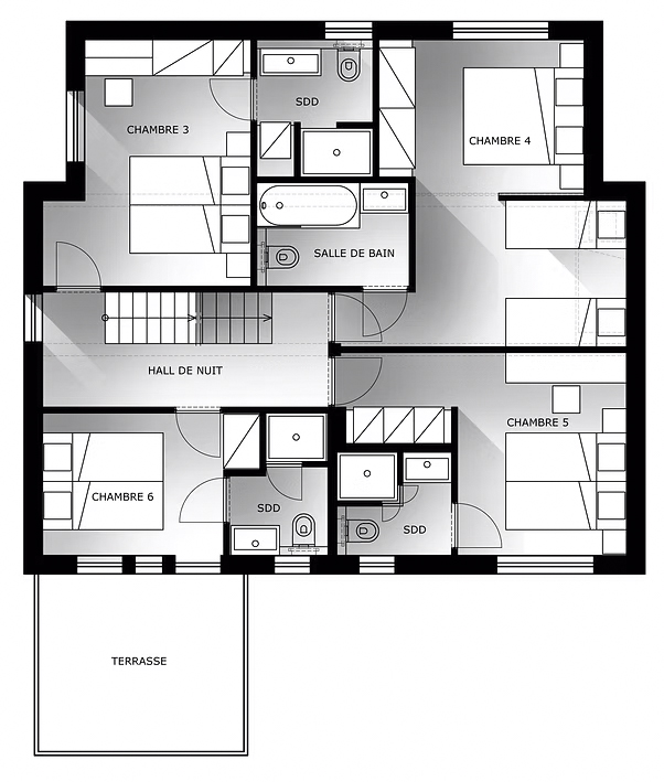 Plan 1er étage
&nbsp;&nbsp;3 chambres doubles et une chambre familiale (5 lits)