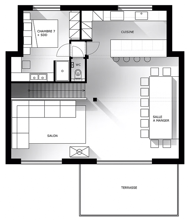 Plan 2ème étage
&nbsp;&nbsp;1 chambre double et le grand séjour