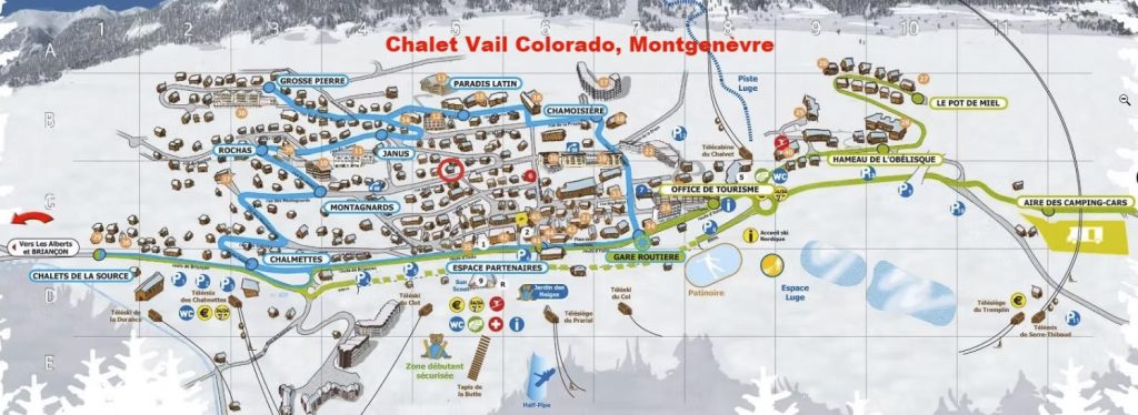 Localisation du chalet Vail Colorado, rue Chante le Vent, et plan du trajet des navettes gratuites Montgebus